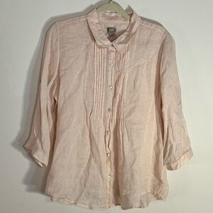 J.Jill 100% Linen Blush Pink Pintuck Button Front Blouse L Petite Spring Summer
